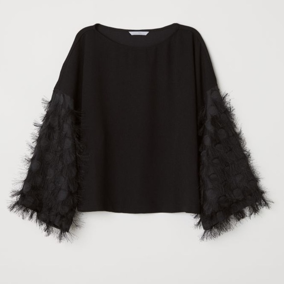 Women’s H&M Black Wide-cut‎ Top Sheer Fringe Sleeves Size 4 - Picture 10 of 11